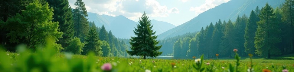 Fototapeta premium Evergreen tree stands alone in a serene forest clearing, evergreen, green