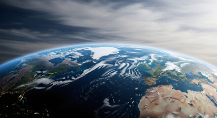Fototapeta premium Rotating earth globe view from space. Planet earth with visible day and night side. Global climate, environment, and science concept.
