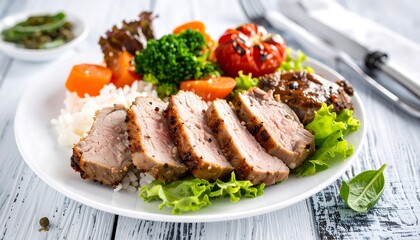 Grilled pork tenderloin with rice and vegetables