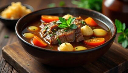Fragrant beef broth simmering with aromatics and herbs , aroma, beef broth