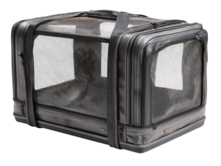 Black pet carrier with mesh sides.  Durable, portable, and ventilated.  Orange accents