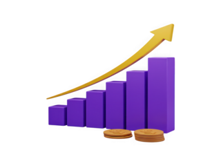 3d purple bar chart with golden arrow and coins showing upward financial growth and success