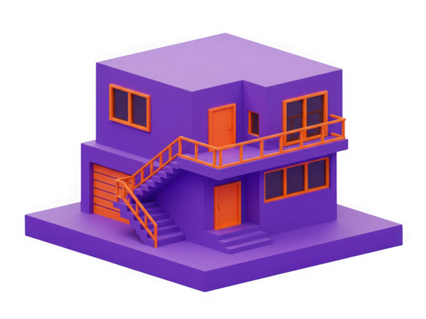 Modern isometric purple house with orange accents and stairs in 3d rendering