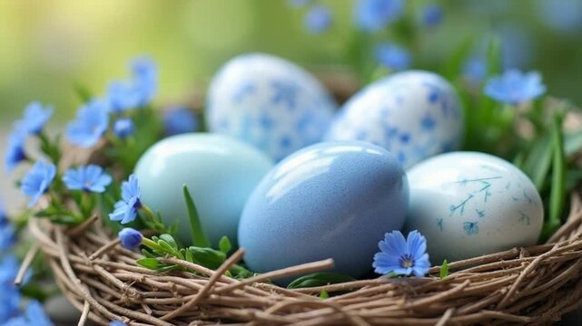 easter eggs in a nest with white and blue flowers