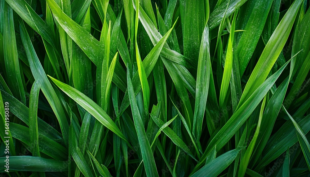 Poster the image shows a close-up view of numerous long, slender green leaves overlapping to form a dense, 