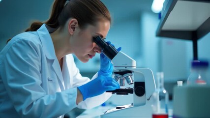 young woman doing medical research in lab. professional female laboratory technician examining blood sample under microscope, focused on analysis. biology, medicine, scientific work and healthcare - Powered by Adobe