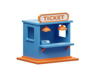 Charming blue ticket booth with orange accents and glowing 'ticket' sign