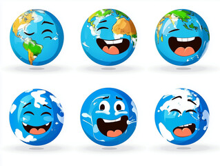 Six earth globes showing different emotions and facial expressions