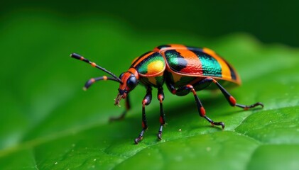 Naklejka premium Close-up of colorful harlequin bug nymph on green leaf with intricate patterns , insects, pattern, nature