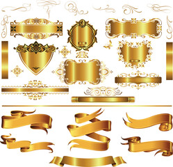 Golden Vintage Frames and Decorative Ribbons Vector Set