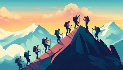Fototapeta premium A group of hikers with backpacks and poles climb upward on a steep, rocky mountain trail toward a summit, at sunset against a backdrop of snow capped mountains and clouds.