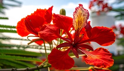 Fototapeta premium Vibrant crimson flower blossoms with intricate detail, showcasing delicate petals and a soft focus background.