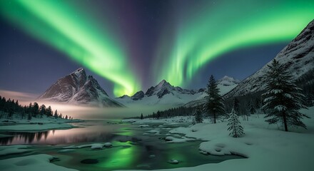 Aurora borealis over snow covered mountains and frozen lake northern lights green sky