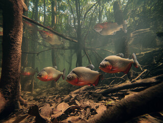 Obraz premium Red-bellied piranhas swimming in murky river among mangrove roots