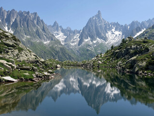Lac blanc reflecting aiguille verte and drus in mont blanc massif