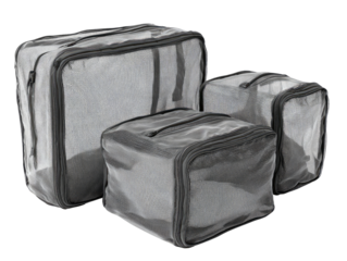 Three gray, mesh-like travel packing cubes, stacked