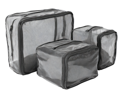 Three gray, mesh-like travel packing cubes, stacked