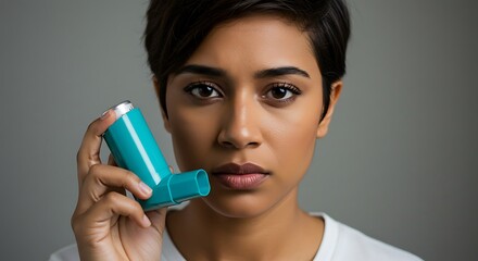 Woman using asthma inhaler for treatment.