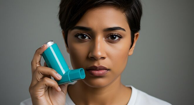 Woman using asthma inhaler for treatment.