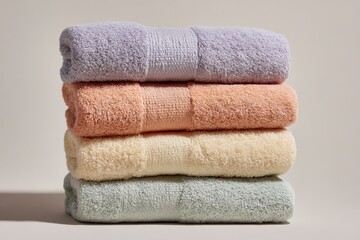 Stack of soft multicolored towels on a neutral background