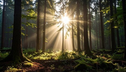 Obraz premium Sunbeam Breaking Through Dark Forest