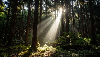 Obraz premium Sunbeam Breaking Through Dark Forest