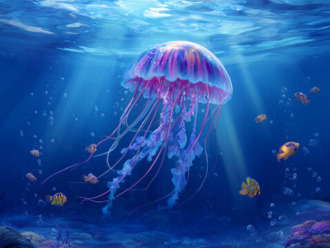 Colorful jellyfish swimming in the ocean depths with tropical fish and sunbeams