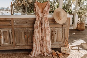 Stylish bohemian floral maxi dress, straw hat, and sandals for tropical travel.