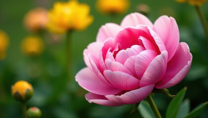 Obraz premium Delicate peony petals unfolding in full bloom with yellow surrounding flowers, flower, blooming