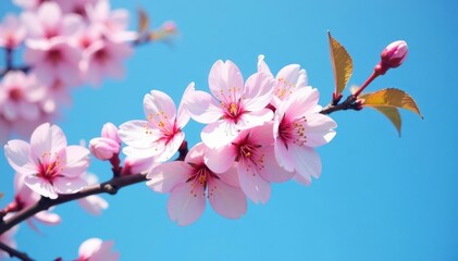 Obraz premium Delicate pink sakura blossoms cluster on a branch against a vibrant blue sky , serenity, pink petals