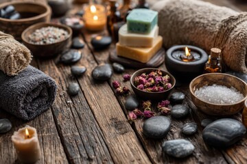 A serene spa setting with natural wellness elements like towels, stones, and candles on rustic wood.