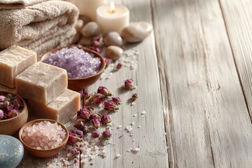 Naklejka premium Natural spa essentials: handmade soaps, salts, roses, candle on wood.