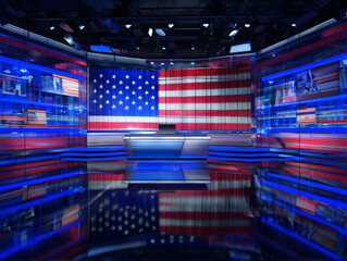 Virtual tv studio set featuring american flag and news footage display