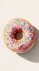 Watercolor donut with colorful sprinkles and soft shadows rendered in delicate pastel tones