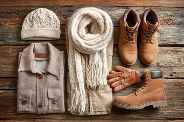 Stylish flat lay of cozy autumn and winter essentials on rustic wooden background.