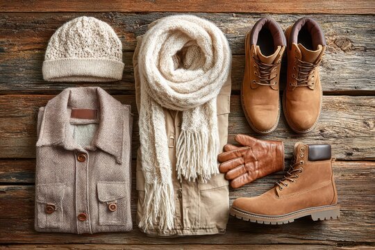 Stylish flat lay of cozy autumn and winter essentials on rustic wooden background.
