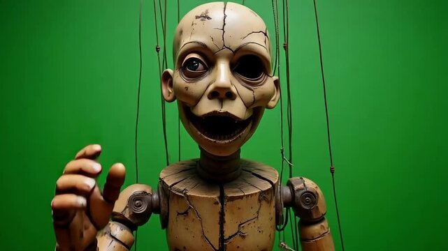 Creepy vintage wooden marionette puppet with cracked face and empty eyes, suspended by strings against a vibrant green background, evoking uncanny suspense and horror.