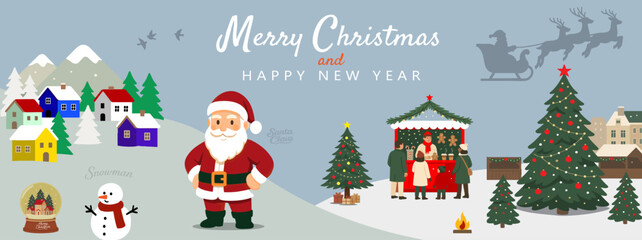 Merry Christmas Poster with Santa, Snowman, Christmas Tree, and Winter Village – Vector Illustration, Featuring Santa Claus, a cheerful snowman, decorated Christmas trees.