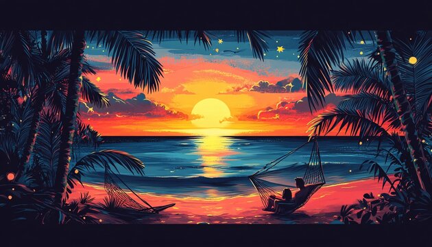 An illustration shows a couple sitting in a hammock on a beach at sunset, surrounded by palm trees and a vibrant sky.