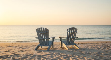 Tranquil beach scene featuring two Adirondack chairs facing the ocean at sunrise