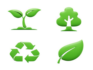 Obraz premium Four green eco symbols seedling tree recycle symbol leaf against black