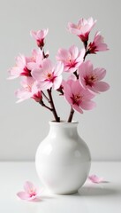 Obraz premium Delicate pink cherry blossoms in a elegant vase on white background, spring, arrangement