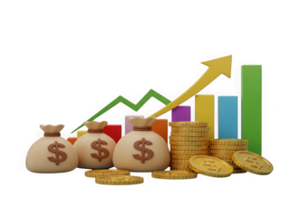 Financial growth concept with money bags coins bar chart and upward arrow symbolizing success