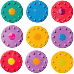 Colorful circular shapes arranged in a grid pattern. Each circle features a central colored dot surrounded by smaller, evenly spaced bumps