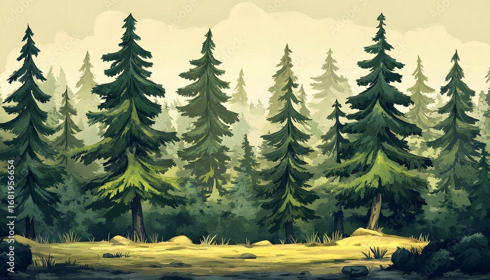 Poster tall pine trees densely populate a forest, creating a misty and serene atmosphere in the early morni
