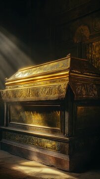 A large, ornately crafted gilded coffin, indicative of ancient Egyptian royalty burials.