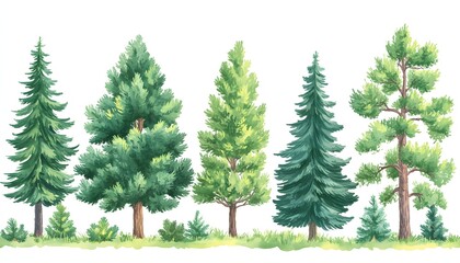 Obraz premium The illustration shows five different types of evergreen trees, along with smaller saplings, depicted in watercolor style against a white backdrop.