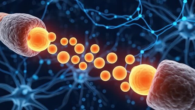 Close up of nerve cells transmitting signals across a synapse connection