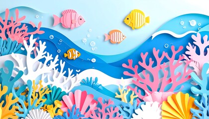 Vibrant underwater scene showcases colorful coral reefs and fish in a layered paper-cut design.