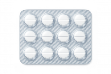 Blister pack containing twelve round white pills, isolated on a transparent background, ideal for pharmaceutical and healthcare concepts